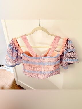 foxiedox Pastel Pink & Blue Crochet Cold-Shoulder Crop Top